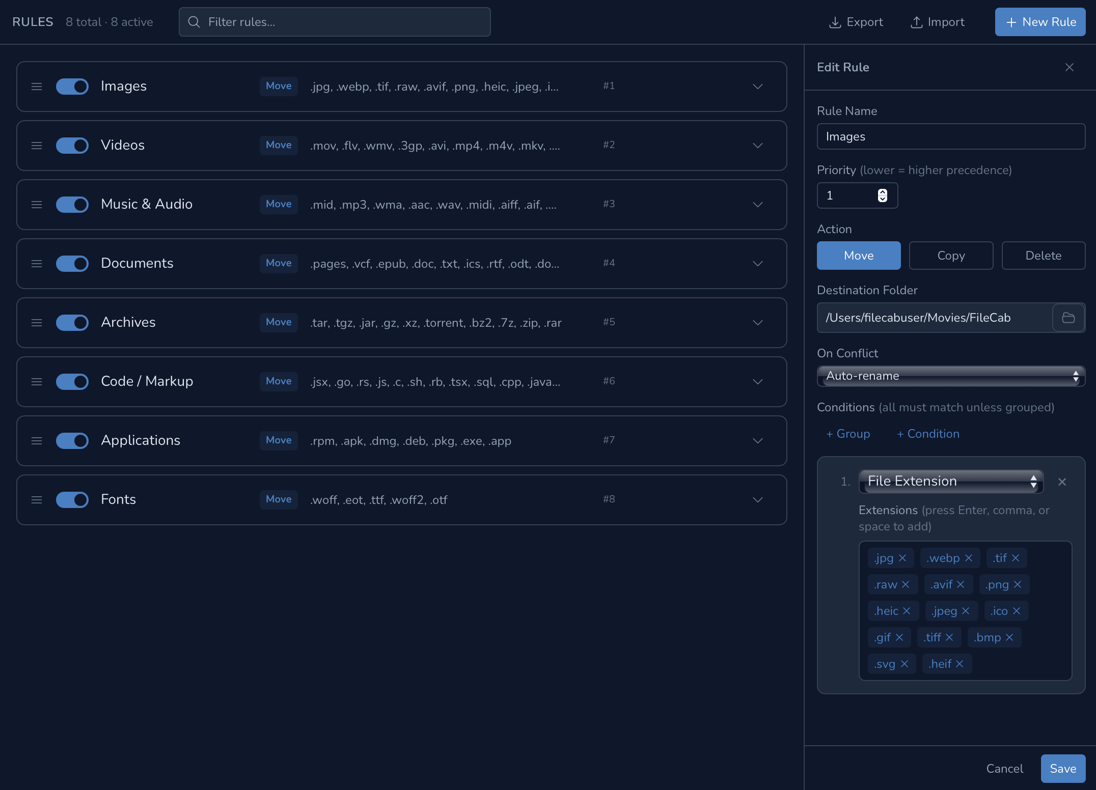 FileCab Rules Editor showing rule conditions and destination settings